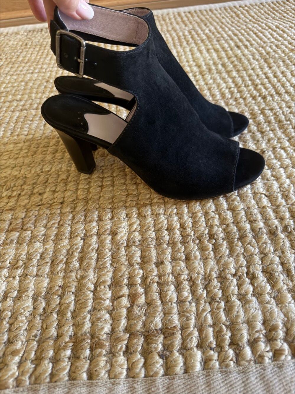 Johnston & Murphy Black Suede Peep Toe Heels Size 7.5 M